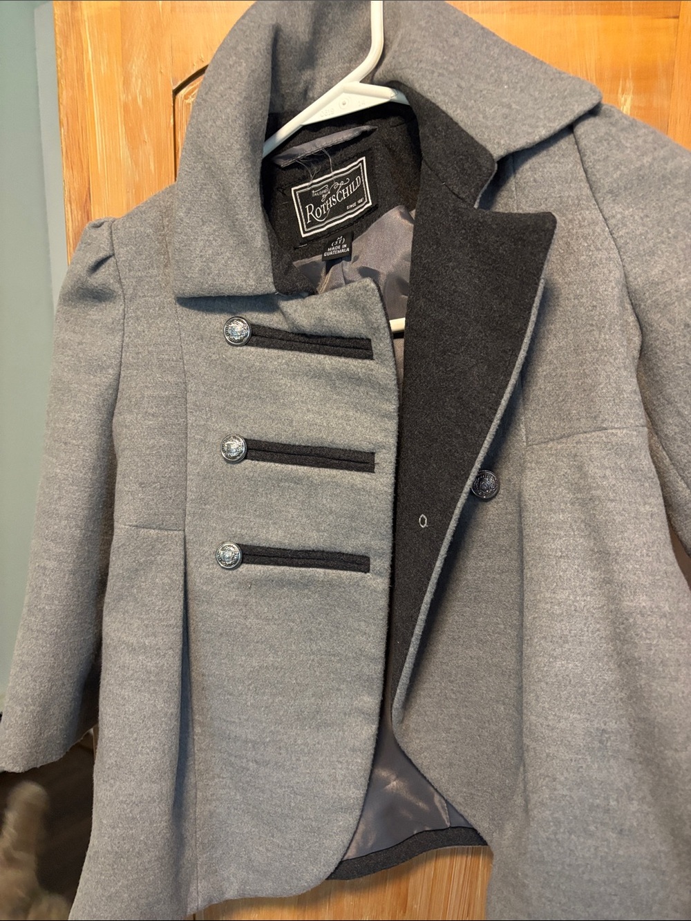 Rothschild Girls' Gray Wool-Blend Military Peacoat with Black Trim